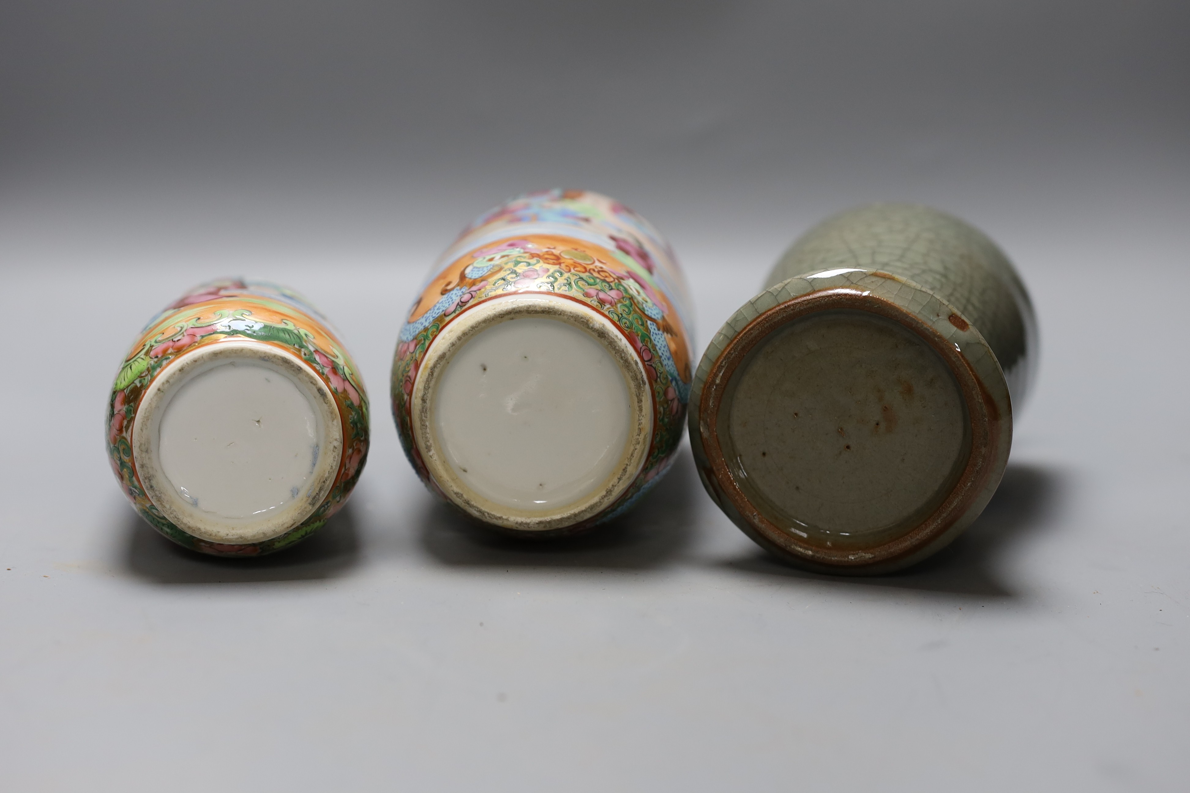 Two Chinese famille rose vases and a Celadon crackle glazed vase, 19th-century and later, tallest 25 cm